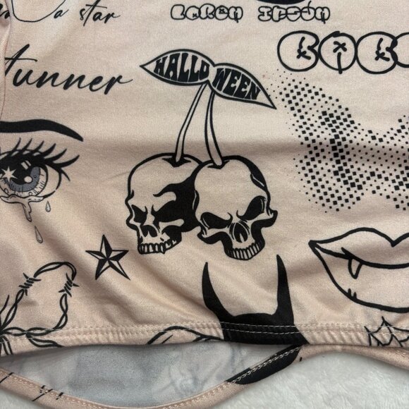 Shein Long Sleeve Tattoo Print Crop Top With Mock Neck Beige & Black Womans M - Picture 12 of 16